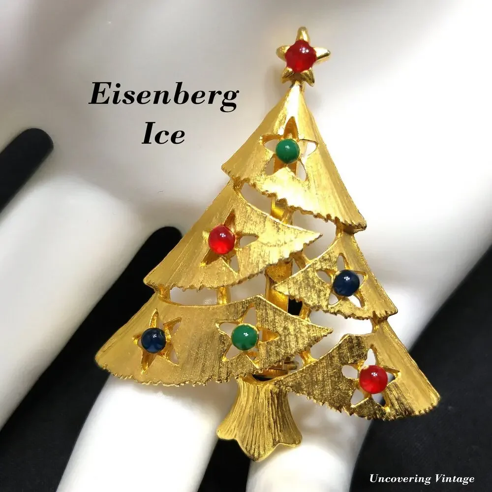 Vintage Eisenberg Ice Christmas Tree Brooch 1960s Gold Multicolor Beads Signed